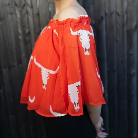 ❤️SOLD Peach Love California Cattle Skull Off The Shoulder Top, Red Orange, Ruf - Picture 3 of 16